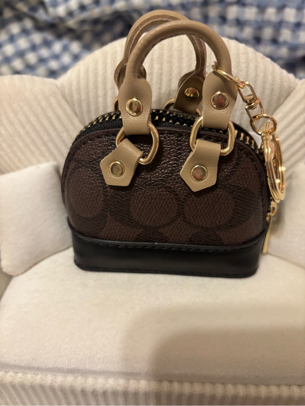 Mini Dome Satchel Keychain - Brown & Tan